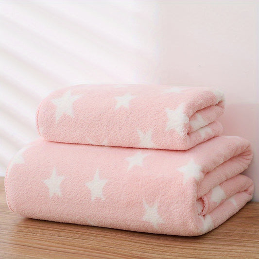 2pcs Star Pattern Bath and Hand Towel Set Absorbent Coral Fleece Towels