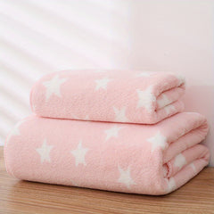 2pcs Star Pattern Bath and Hand Towel Set Absorbent Coral Fleece Towels