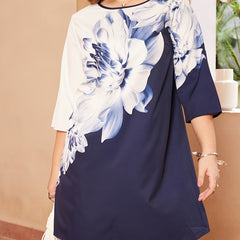 Women's Plus Colorblock Floral Print Half Sleeve Round Neck Mini Dress