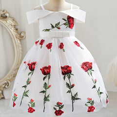 Girls Off Shoulder Princess Dress Flowers Embroidery Bow Mesh Dress