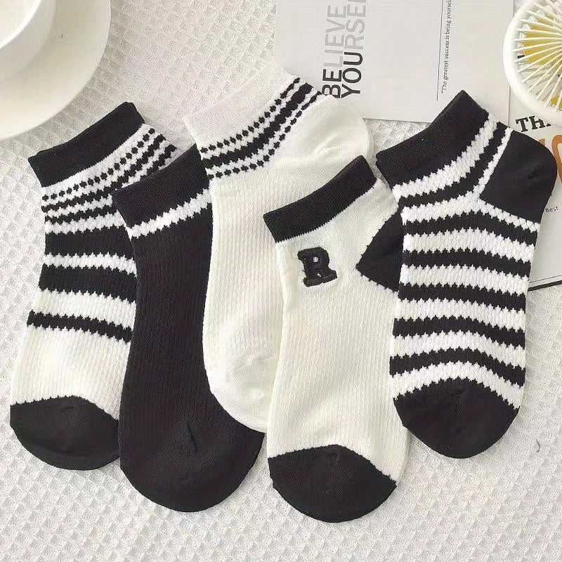 5 Pairs Striped Letter Print Low Cut Ankle Socks Women's Stockings
