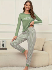 Women's Letter Print Lounge Set Long Sleeve Top & Striped Pants