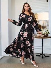 Women's Plus Floral Maxi Dress Long Sleeve V Neck Belt