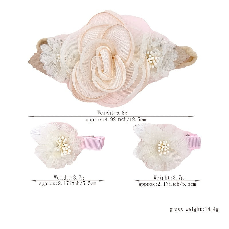 Sweet Mesh Flower Headband Hair Clips Set for Baby Girls