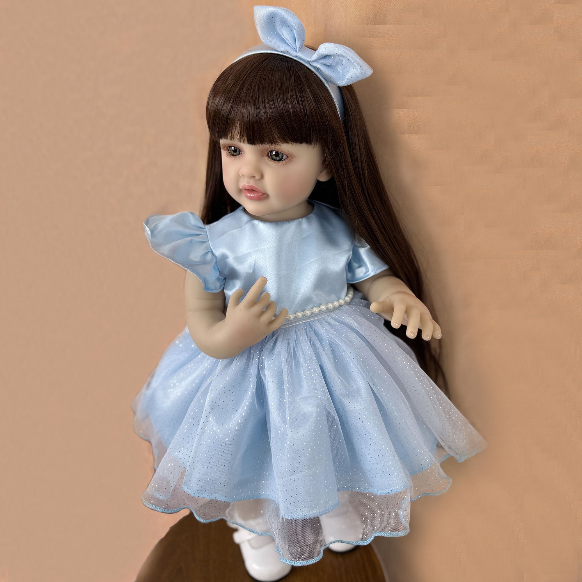 22in Reborn Baby Girl Doll Lifelike Princess Toddler Long Hair Dress Bow Stand