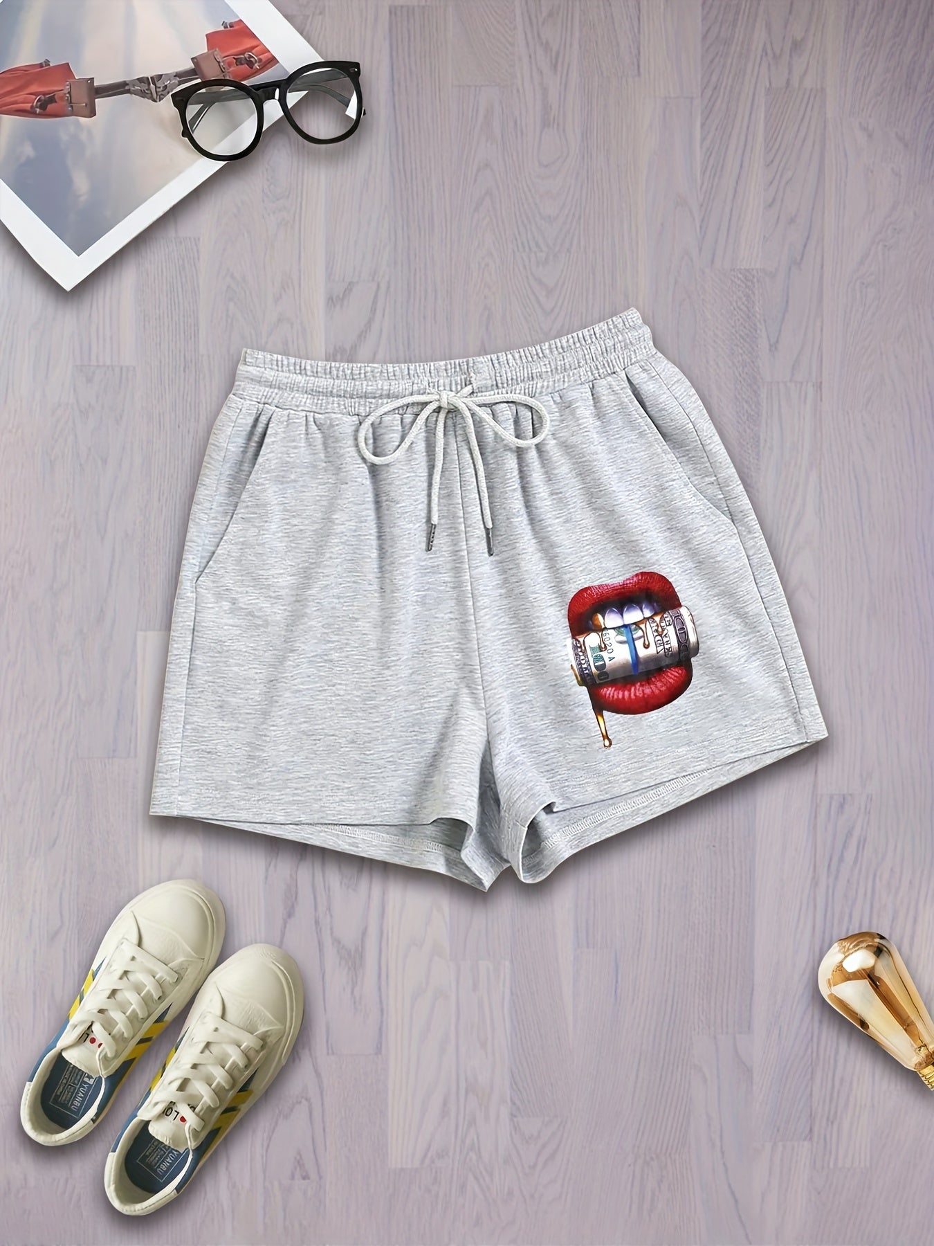 Mouth Print Drawstring Shorts
