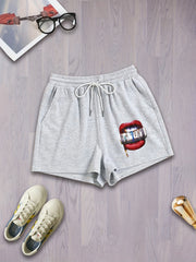 Mouth Print Drawstring Shorts
