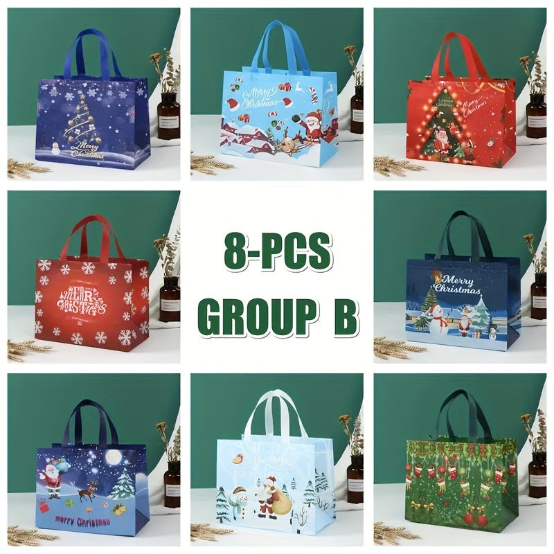 8pcs Christmas Gift Bags w/ Handles, Reusable Tote Bags, Non Woven M