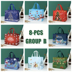 8pcs Christmas Gift Bags w/ Handles, Reusable Tote Bags, Non Woven M