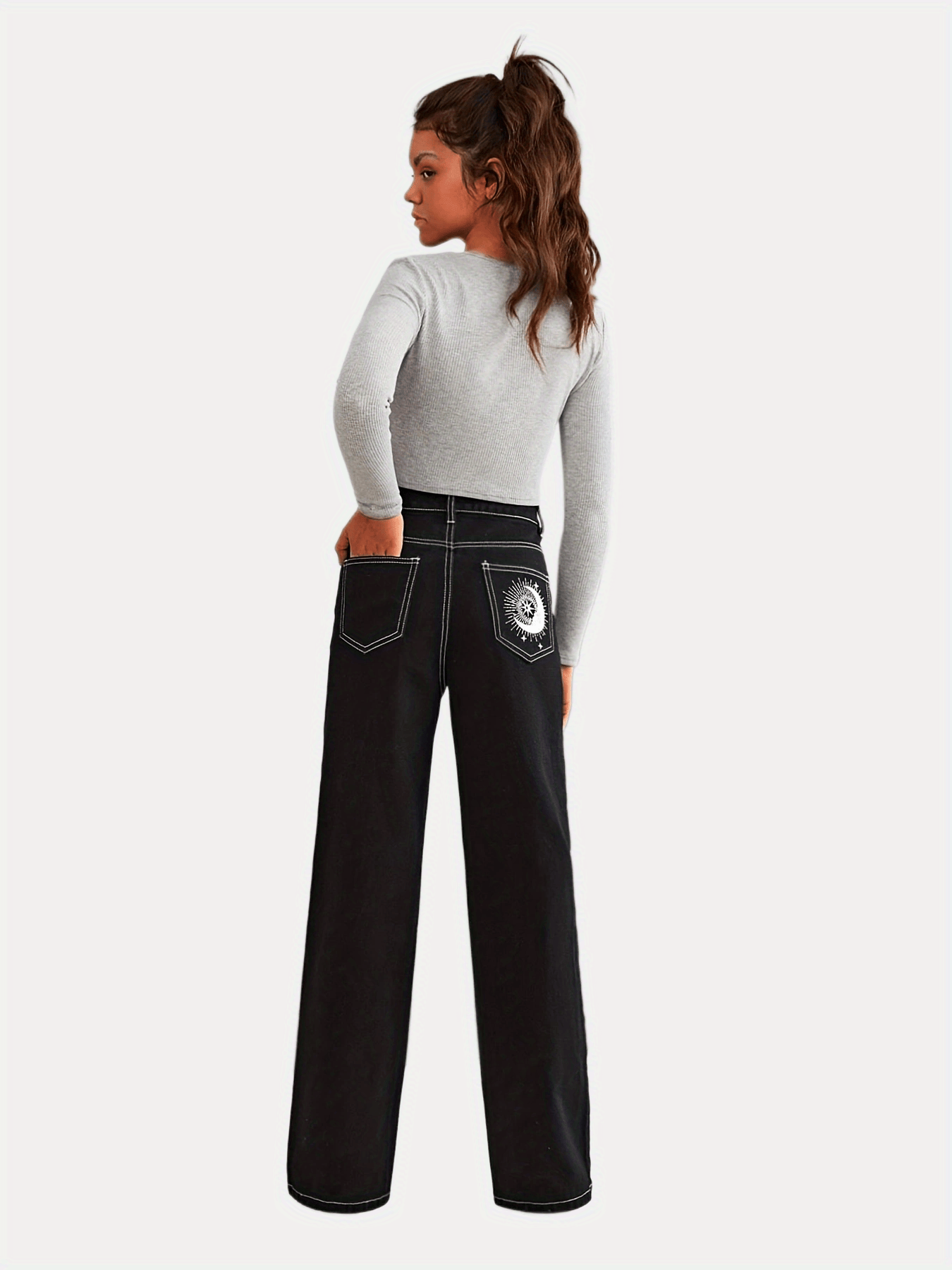 Cartoon Moon Star Graphic Stitch Jeans High Rise Solid Denim Pants