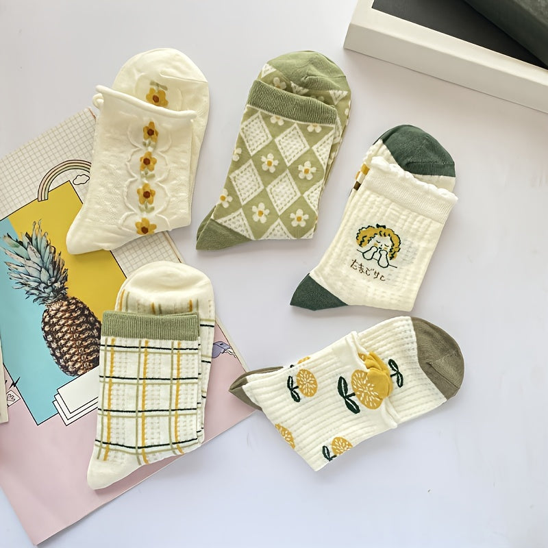 5 Pairs Floral & Striped Print Socks Women's Stockings & Hosiery