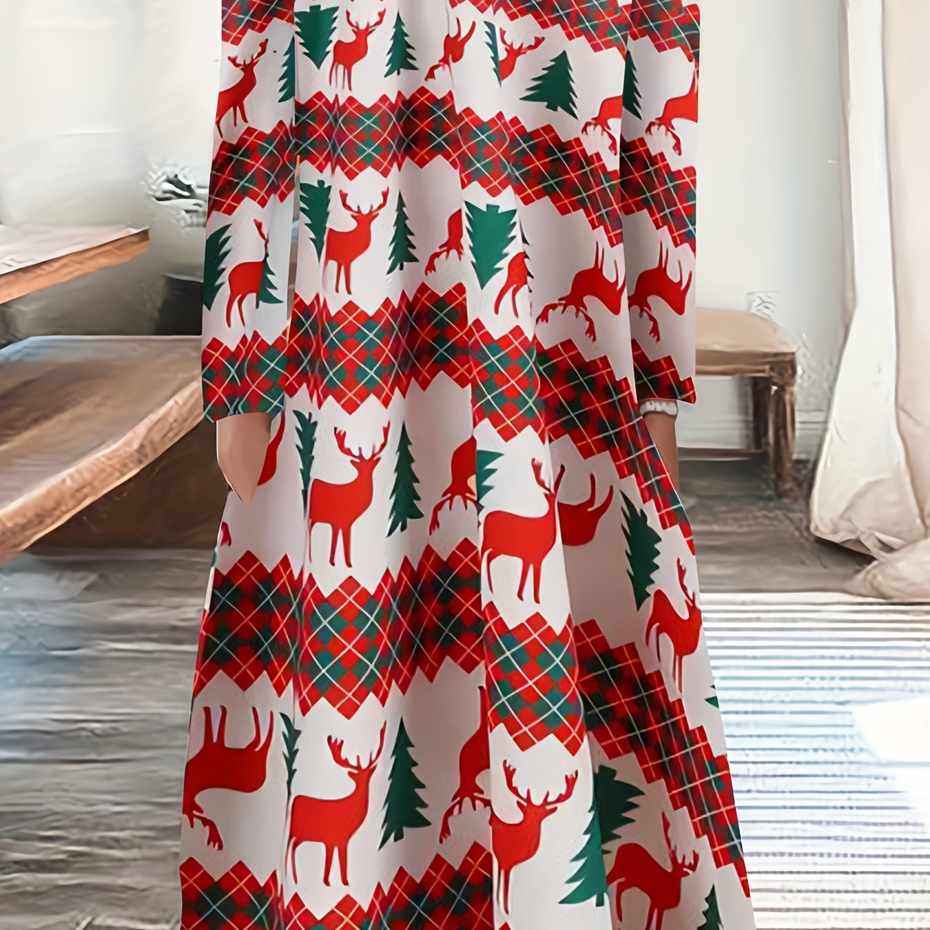 Christmas Dress Women's Reindeer Print Long Sleeve Round Neck Dress