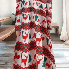 Christmas Dress Women's Reindeer Print Long Sleeve Round Neck Dress