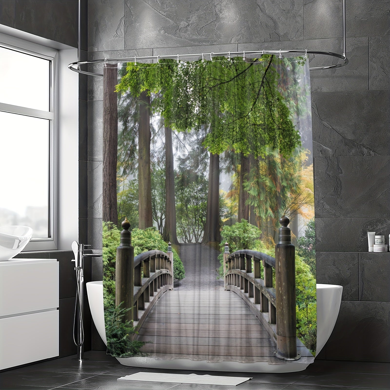 Digital Printed Wooden Bridge Shower Curtain - Bathroom Decor