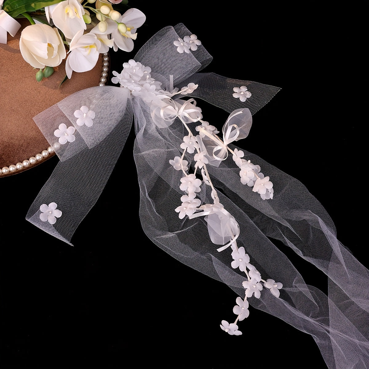 Bowknot Bridal Veil with Floral Accents Soft Tulle Wedding Hair Accessory