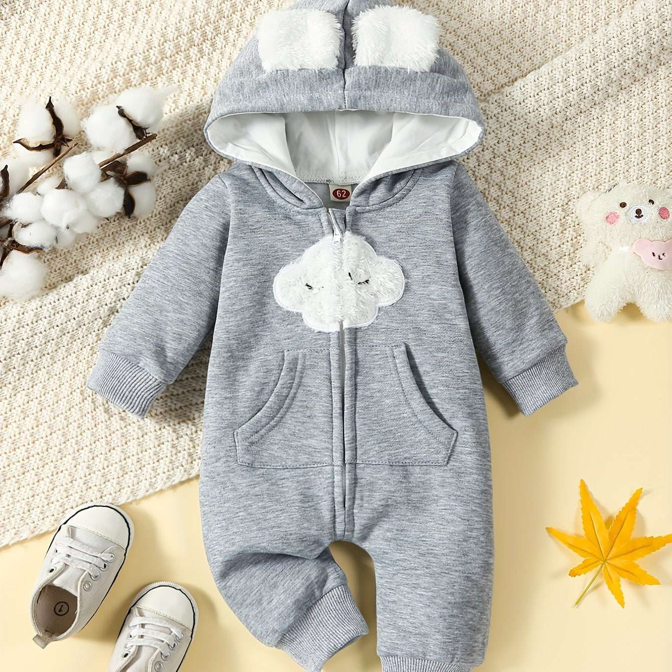 Toddler Cloud Print Jumpsuit With Ears Thermal Bodysuit