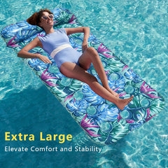 Large Leaf Pattern Pool Float with Headrest, 2 Pillows, PVC Material