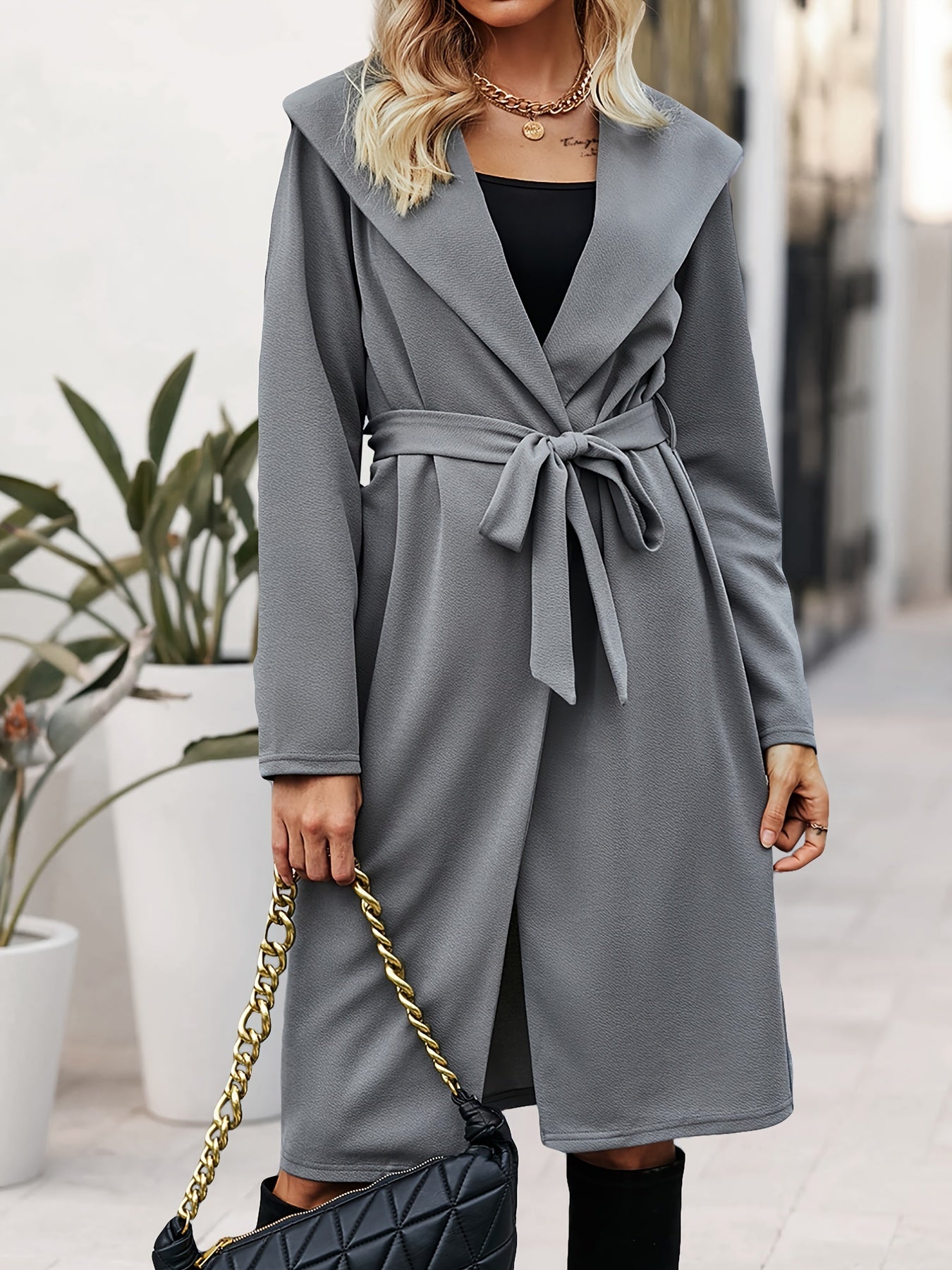 Solid Open Front Belted Coat for Fall & Winter