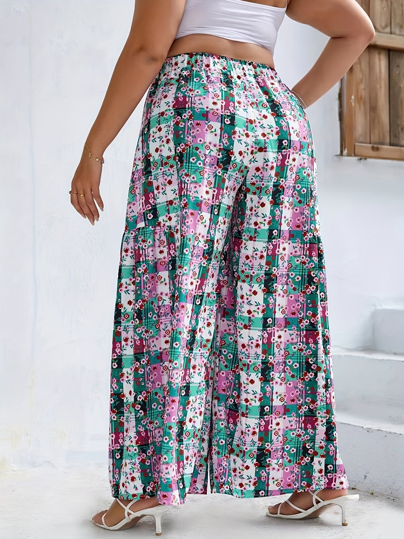 Plaid & Floral Wide Leg Pants