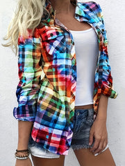 Colorblock Plaid Button Up Blouse
