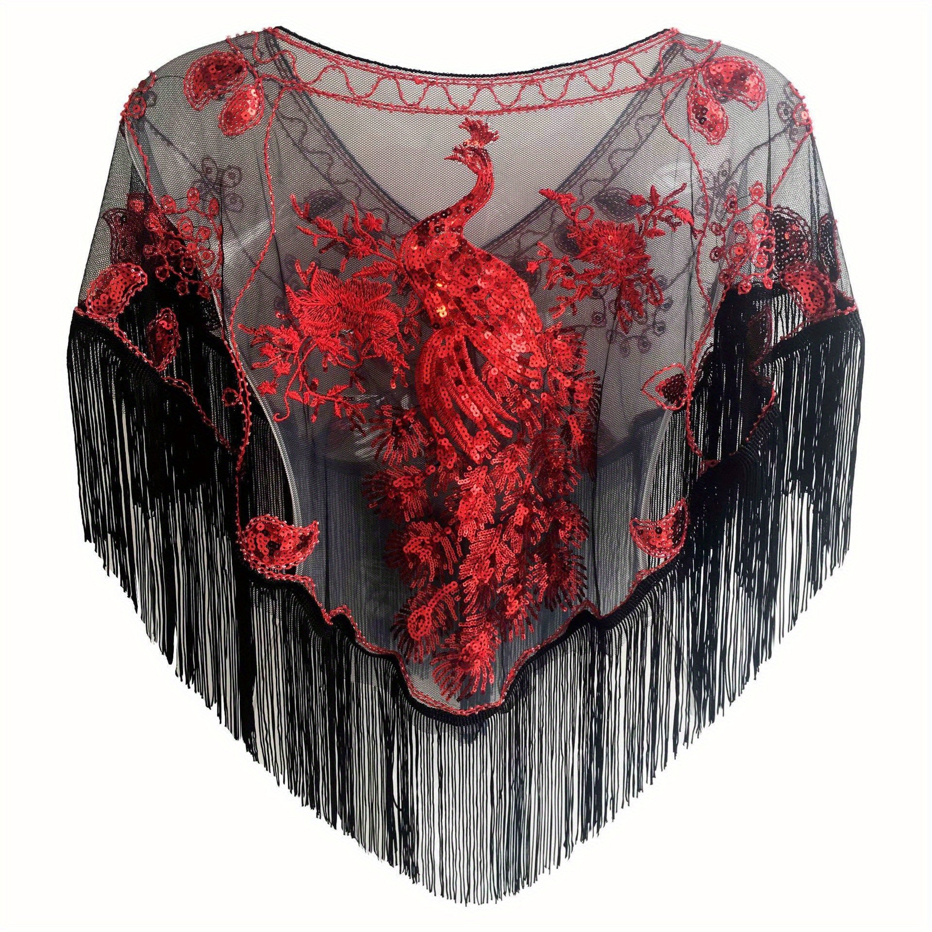 1920s Peacock Embroidery Tassel Shawl Sequin Beaded Wrap