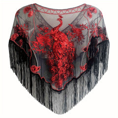 1920s Peacock Embroidery Tassel Shawl Sequin Beaded Wrap