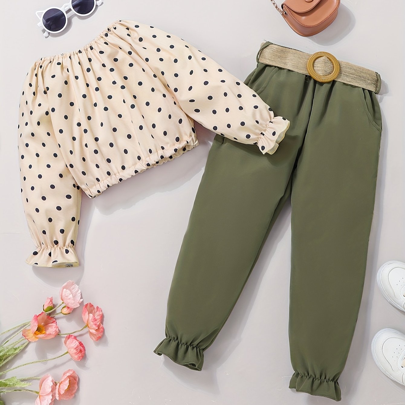 Girl's Polka Dots Top & Belted Pants Set for Spring Fall