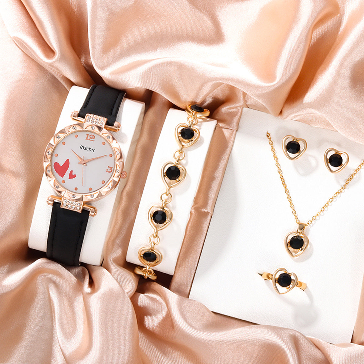 Rhinestone Quartz Watch & Love Jewelry Set for Kids