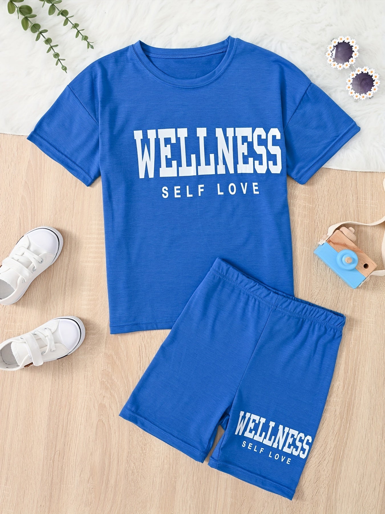 Girl's Casual Suit: Letter Print T-shirt & Bicycle Shorts