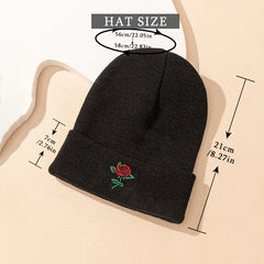 Embroidery Rose Beanies Women Chunky Knit Beanie
