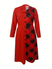 Gingham Print Colorblock Dress Mock Neck Maxi Dress