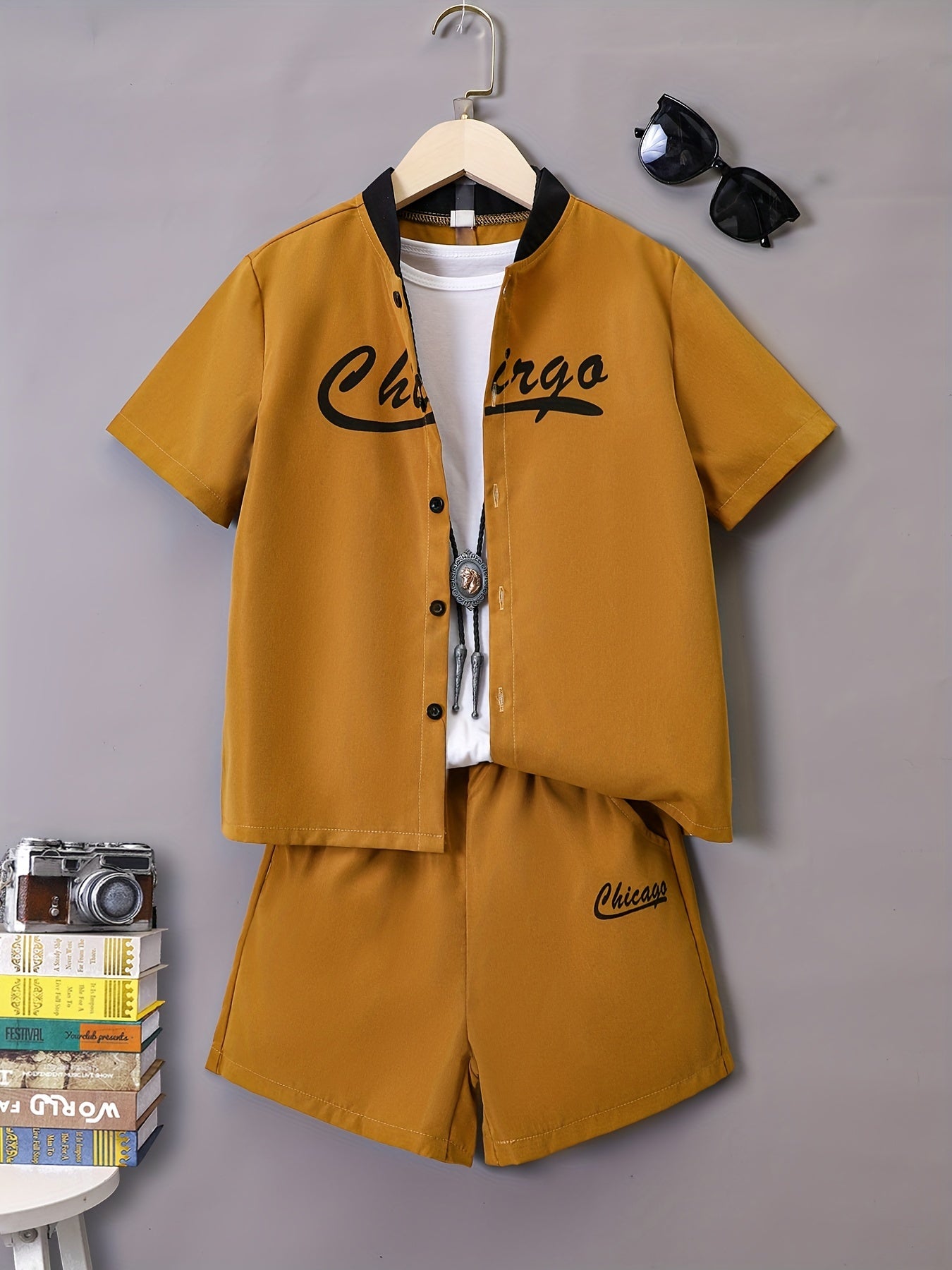 Boys 2pcs Letter Print Casual Outfit Shirt & Shorts Set