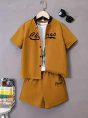 Boys 2pcs Letter Print Casual Outfit Shirt & Shorts Set