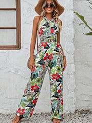 Tropical Print Backless Jumpsuit Sleeveless Wide Leg Women's Clothing