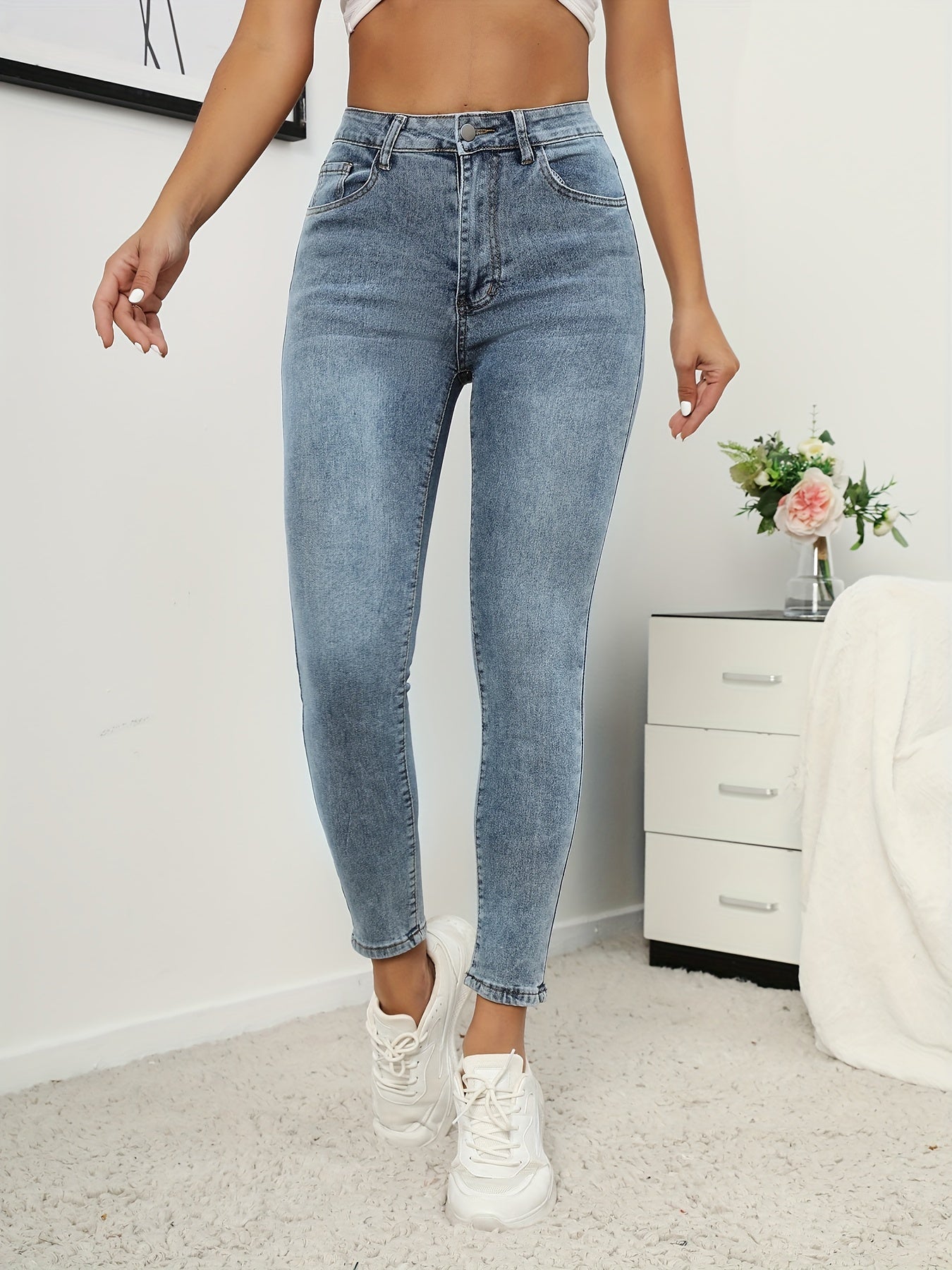 High Waist Skinny Jeans Slash Pockets High Rise Denim Pants