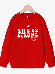 Girls Strong Smile Pattern Sweatshirt Round Neck Long Sleeve Top Pullover