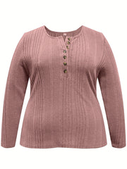 Solid Knit Top Women's Casual Half Button Long Sleeve