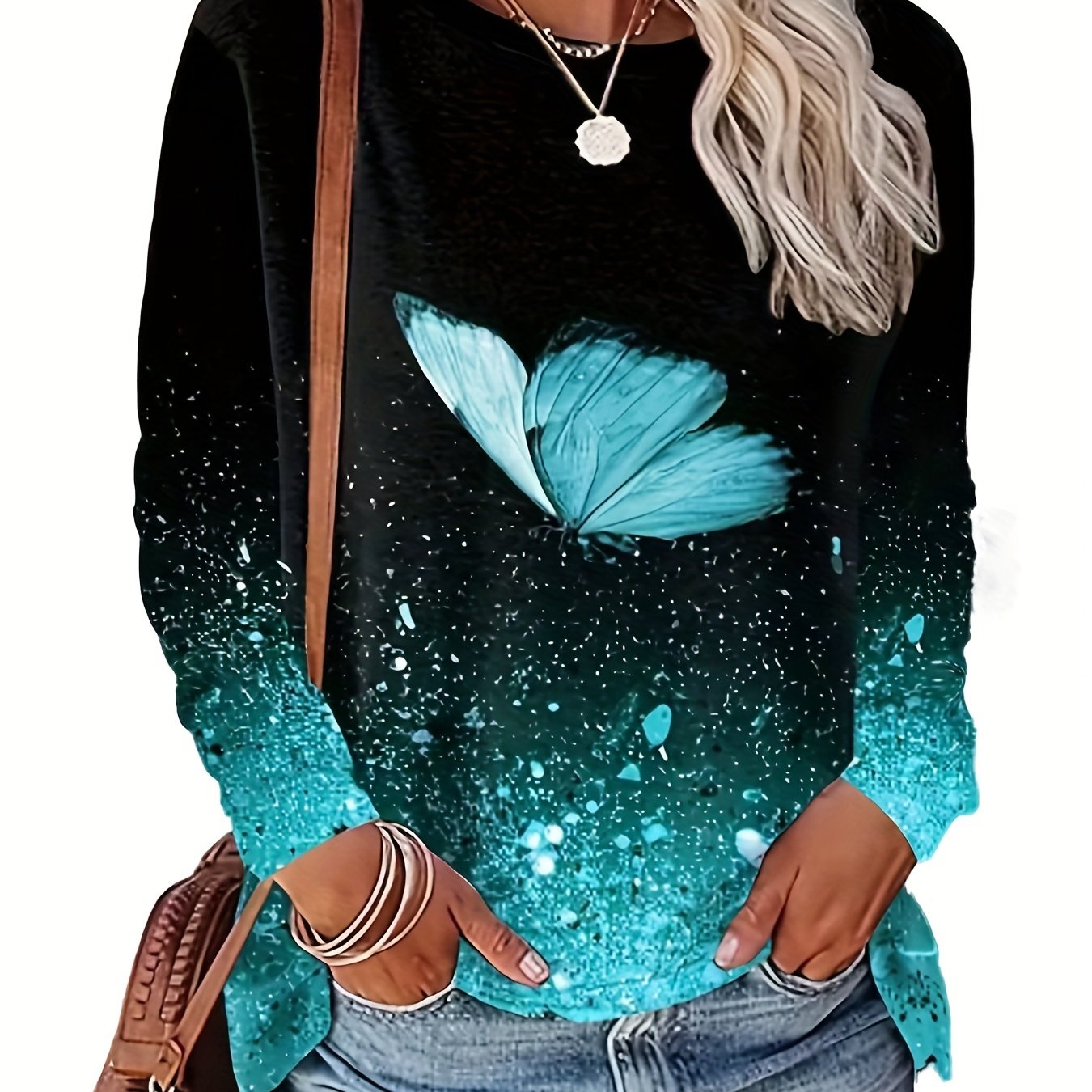 Butterfly Print Sweatshirt Crew Neck Women's Clothing