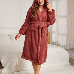 Fleece Long Sleeve Hooded Bathrobe with Belt