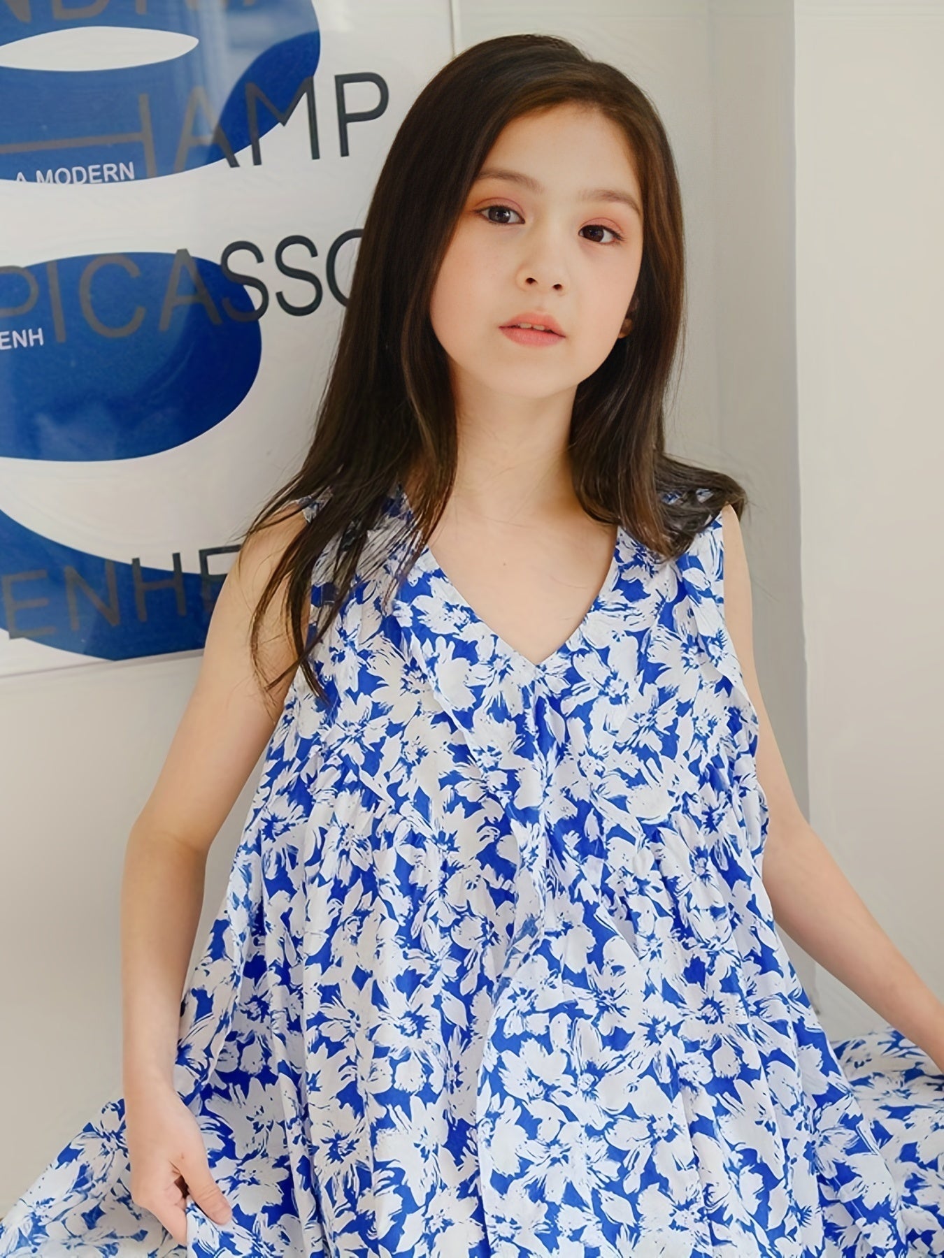 Girl's Cotton Floral Graphic V Neck Princess Dress