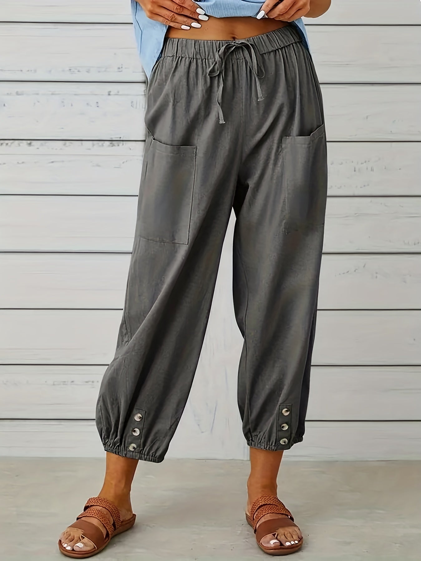 Drawstring Patched Pockets Casual Pants for Women