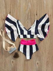 2pcs Baby Girls Striped Lemon Top & Bowknot Shorts Swimsuit Set