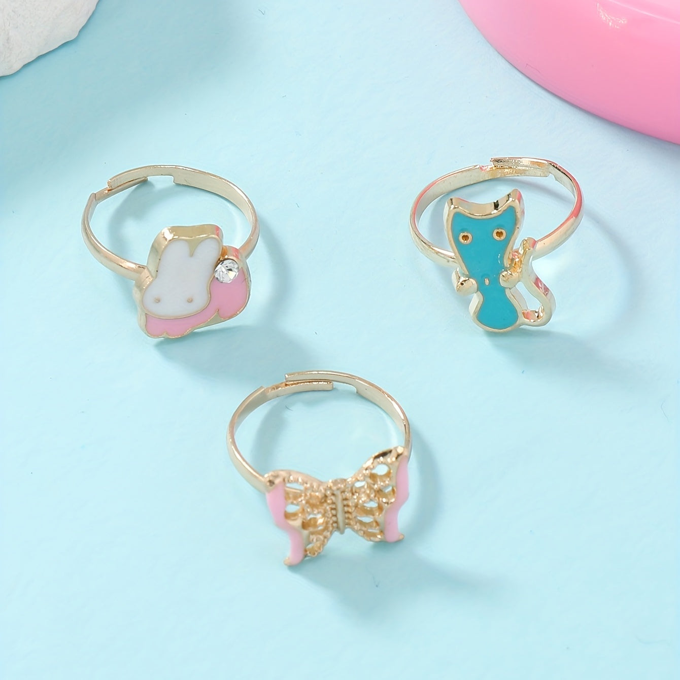 3pcs Girls Alloy Cartoon Rabbit Butterfly Cat Rings for Kids Accessories