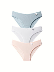3 Pcs Solid Ribbed Briefs Seamless Stretch Panties Women's Lingerie