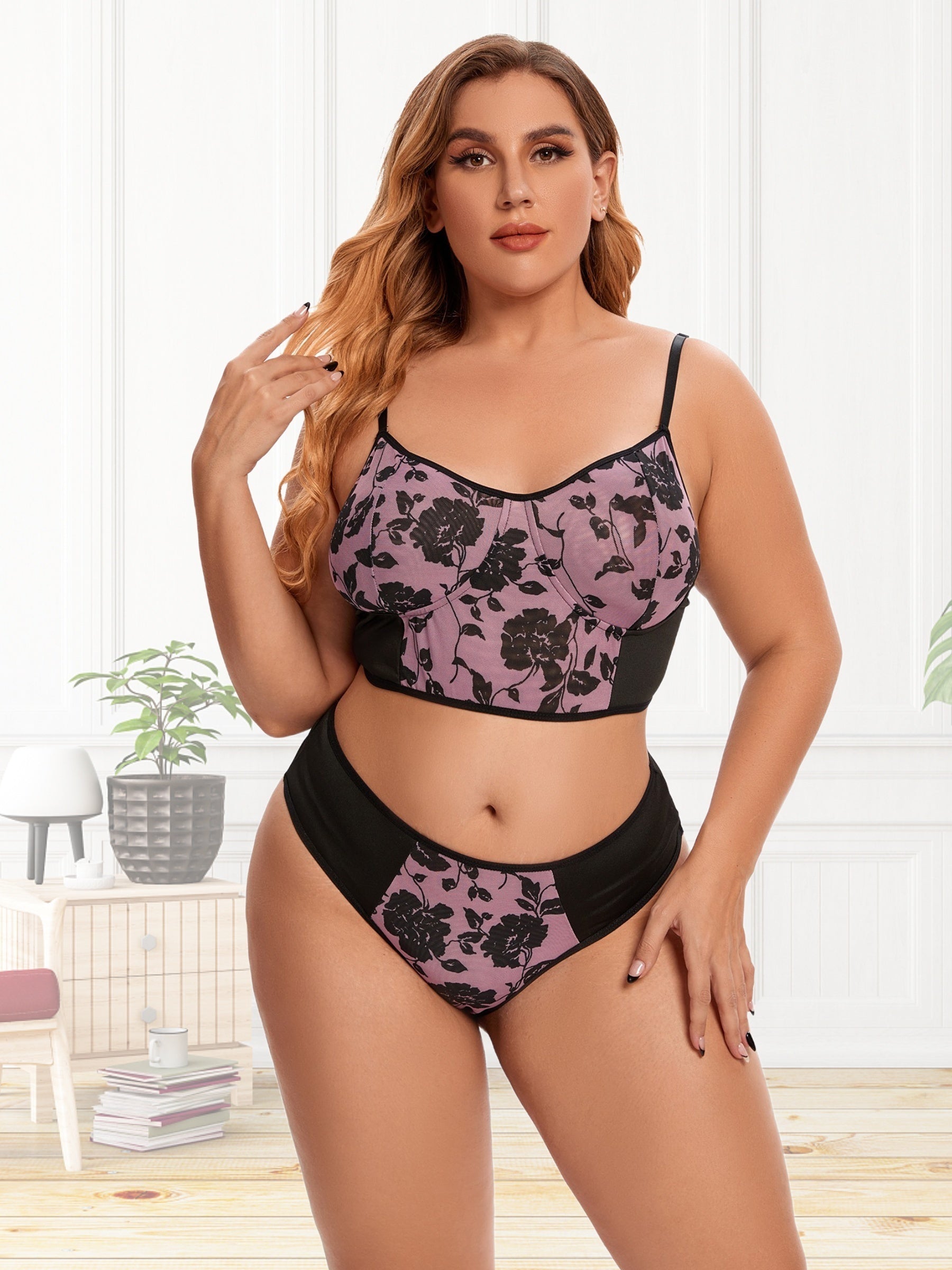 Floral Print Longline Push-Up Bra & Underwear Set