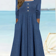 Colorblock Lace Trim Long Sleeve Round Neck Dress With Pockets