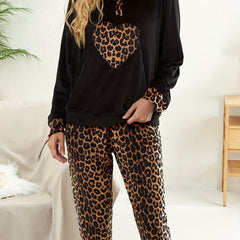 Heart Leopard Pajama Set Long Sleeve Crew Neck Top & Elastic Waistband Pants