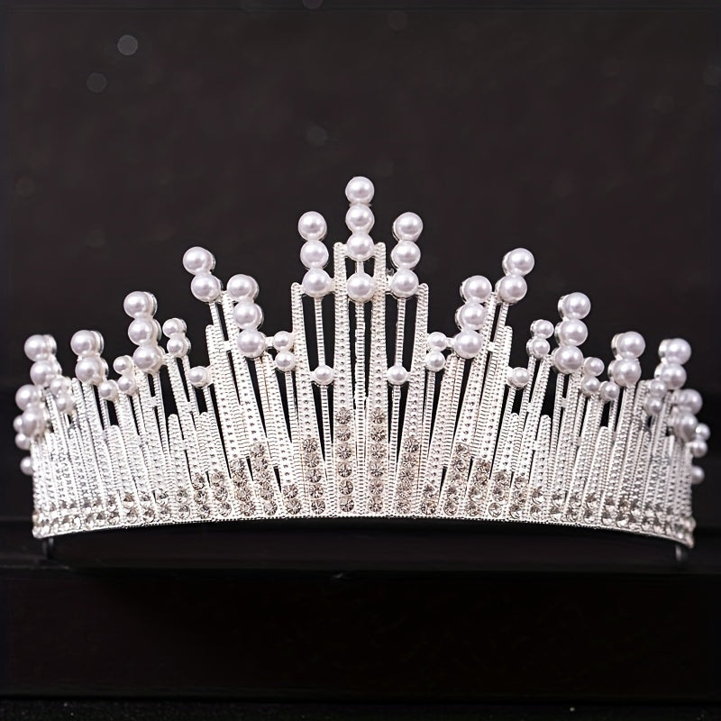 Silvery Crystal Crown Tiara Faux Pearl Rhinestone Wedding Tiaras