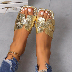 Crocodile Pattern Slide Sandals Flat Summer Shoes Square Toe Lightweight