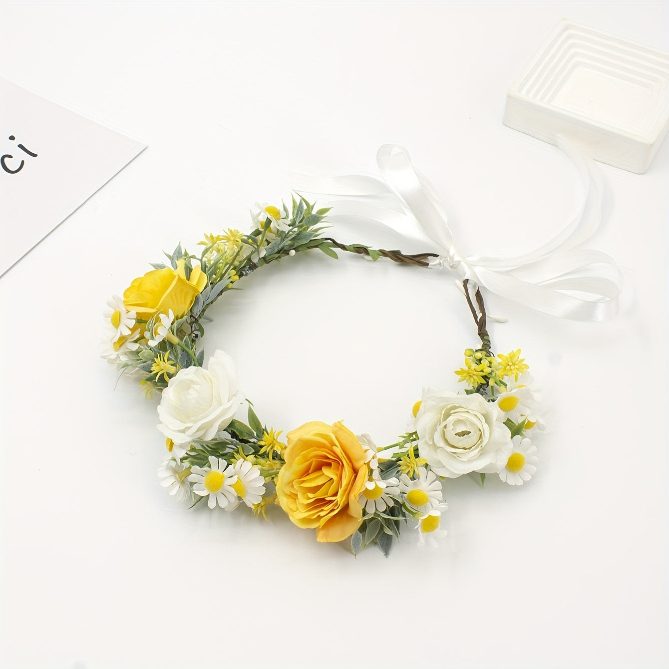 Artificial Rose Bridal Headband with Floral Wreath - Yellow Roses and Sunflowers